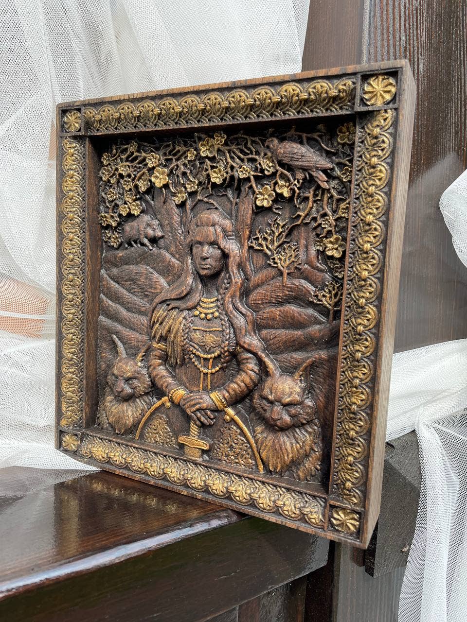 KozakWorkshop - Vente Décoration murale - Tableau mural en bois sculpté déesse scandinave Freyja10