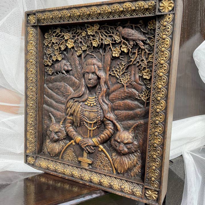 KozakWorkshop - Wholesale Wall Accent - Freyja Skandinavian Goddess wooden carved wall picture10