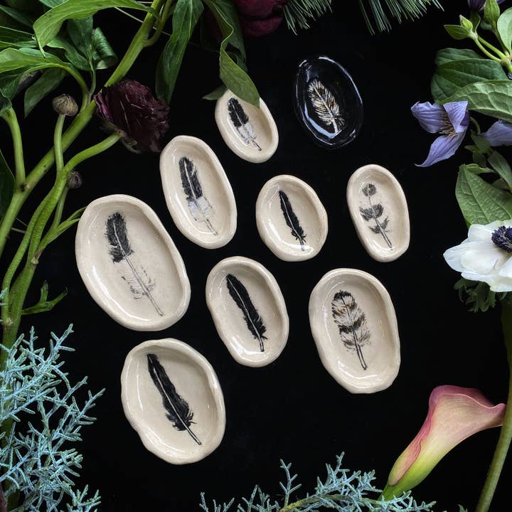 Keven Craft Rituals LLC - Wholesale Decorative Plate/Dish/Bowl - Multi-Color Sgraffito Feather Ceramic Ritual Dish