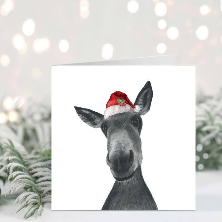 Christmas Sirus the Donkey Santa Hat Festive Christmas Card for wholesale by Libra Fine Arts