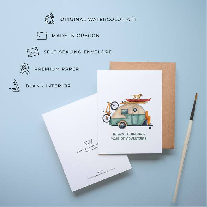 Watercolor Wednesday | Adventure Art & Stationery - Wholesale Birthday Card - Adventure Birthday Card | Retro Camper Design