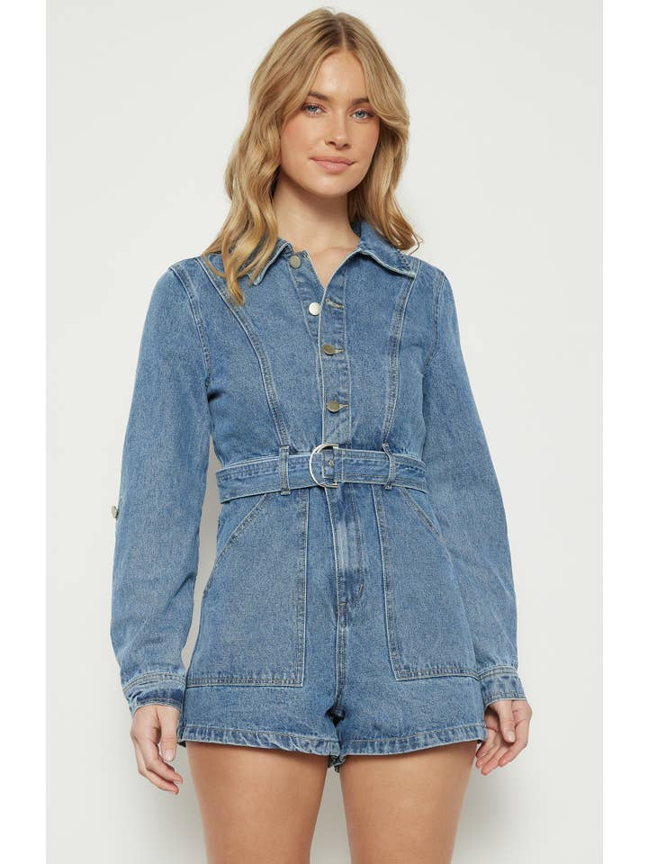 Style State Wholesale - Wholesale Romper - Women's - Button Up Denim Playsuit with D-Ring Belt Detail