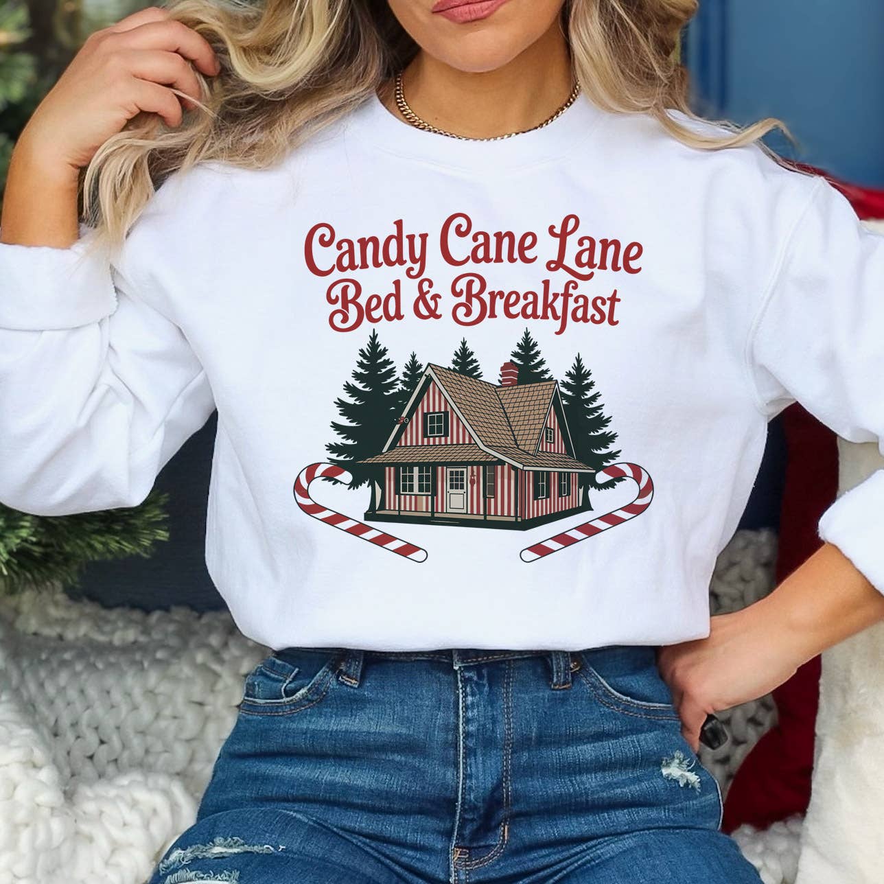 DaisyChainDesignCo - Vente Sweat-shirt à imprimés – femme - Sweat-shirt de Noël à col rond Candy Cane Lane0