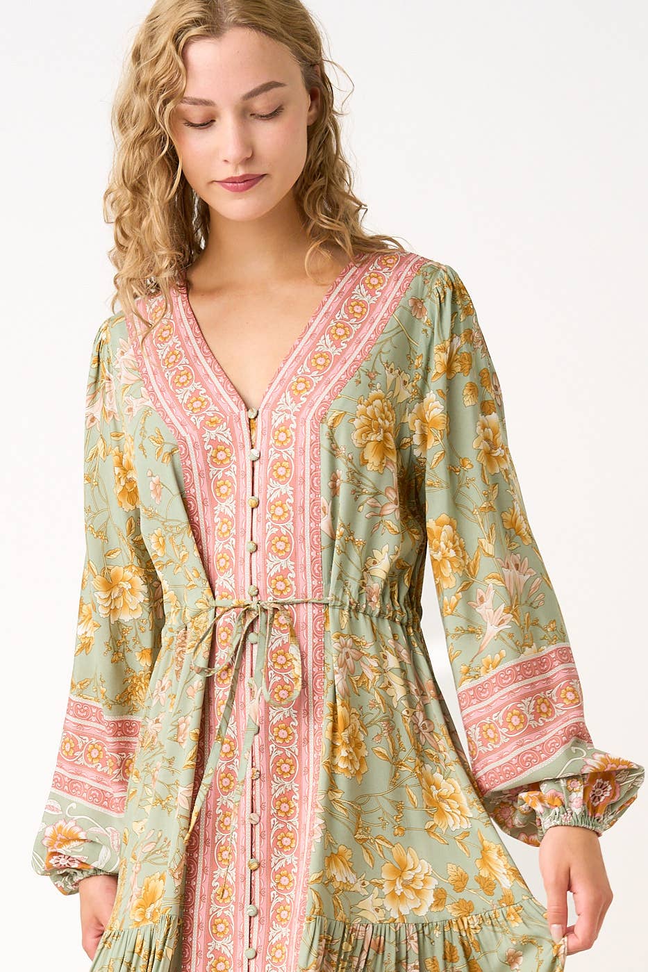 SAGE BOHO FLOWER BORDER PRINT LONG SLEEVE MAXI DRESS for wholesale on Faire6