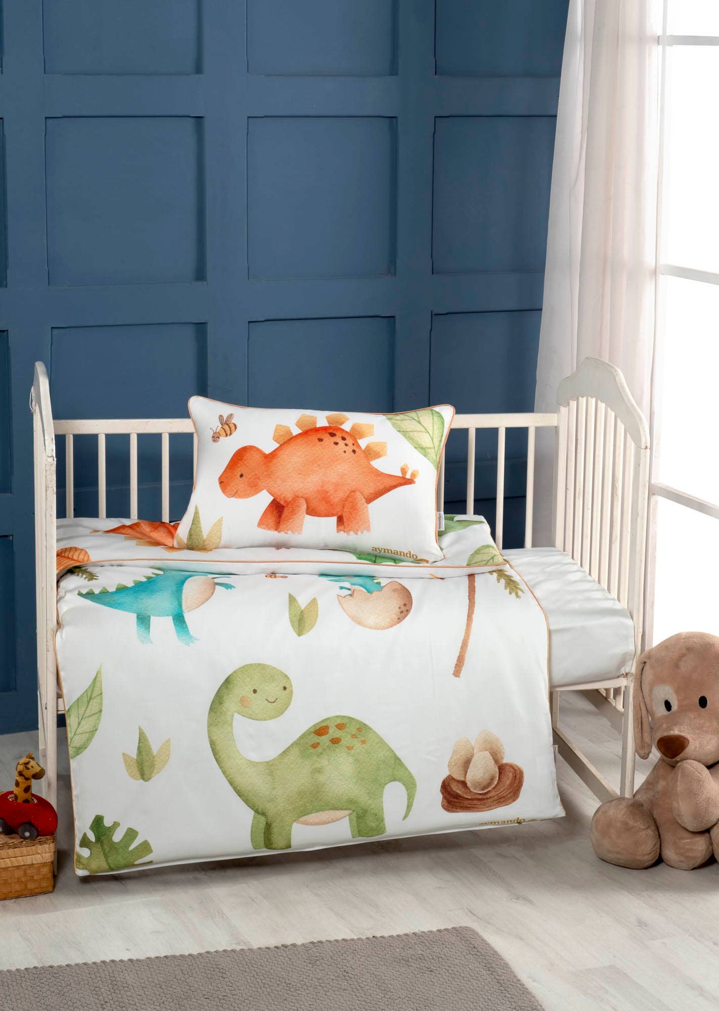 Aymando Home - Vendita all'ingrosso Set di lenzuola - Bambini e neonati - Set biancheria da letto per bambini in raso, 2 pezzi, 100 x 135 cm e 40 x 60 cm, dinosauro1