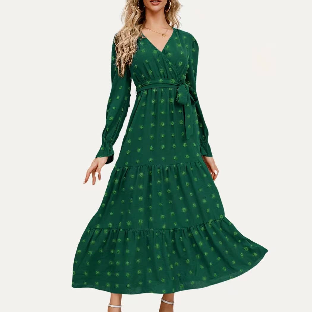 The Moment Collection – wholesale Dress – Women's – Classic Swiss Dot Surplice Neck Long Sleeve Maxi Dress4