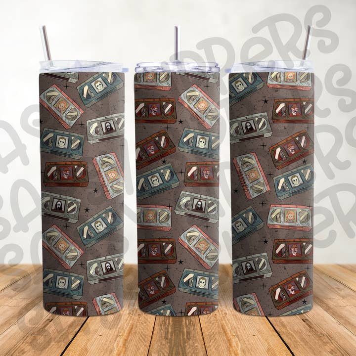 Bicchiere per Halloween con nastri VHS per film dell'orrore per la vendita all'ingrosso da parte di K. I. Designs