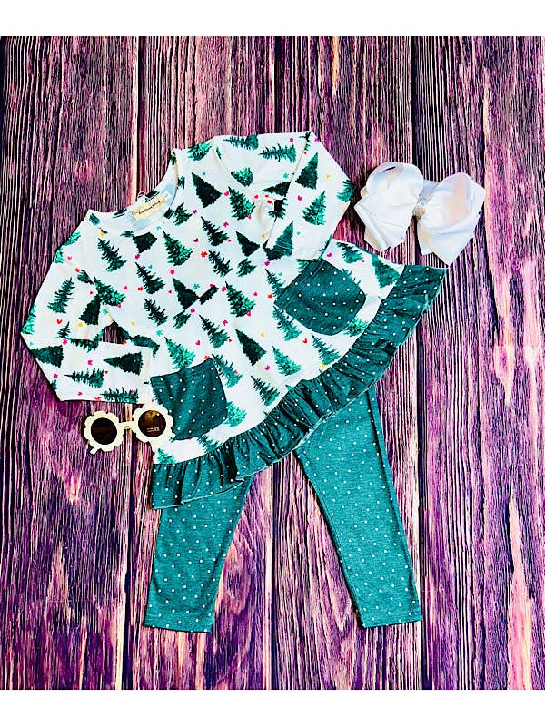 luluclothes - Wholesale Top & Pant Set - Kids - Hunter green trees & polka dots 2pc ruffle set XCH0015-24H