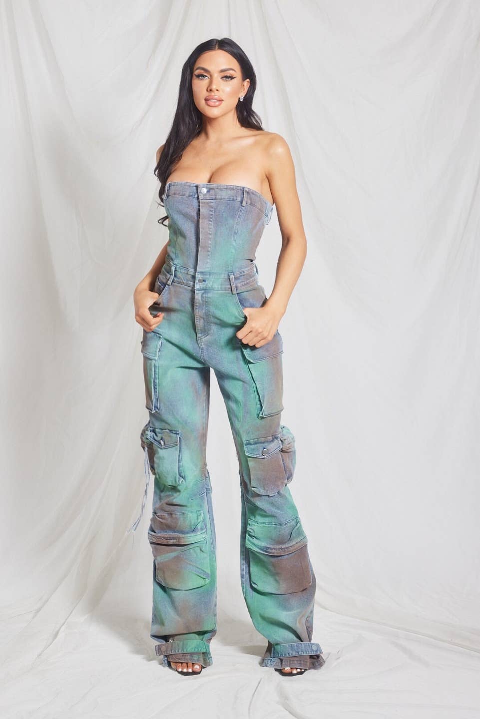 WFFS - Wholesale Jumpsuit - Women's - Multi Color Cargo Denim Jumpsuit0