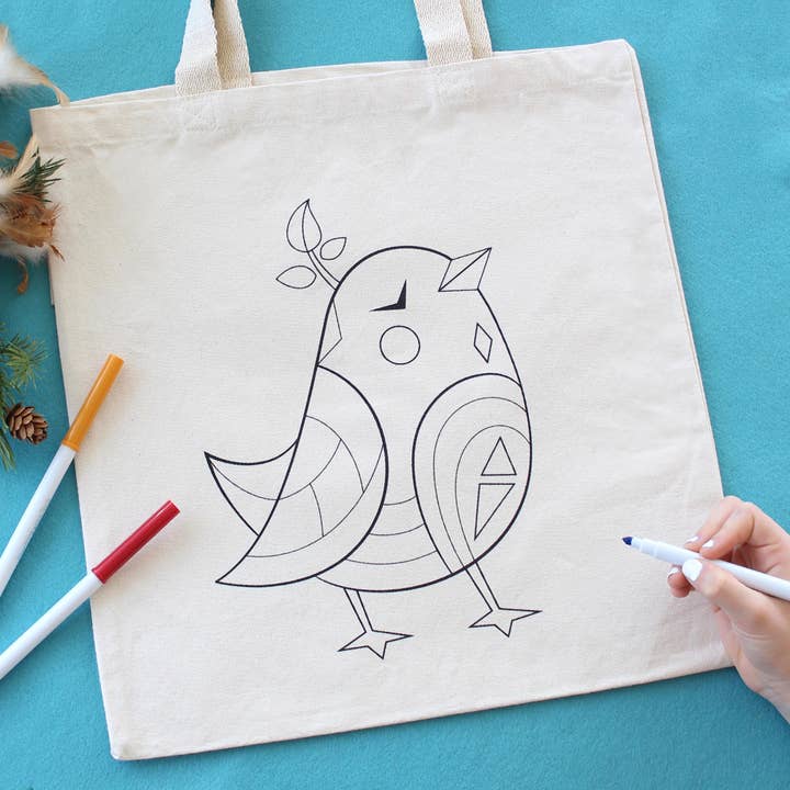 Bird Organic Tote Bag - Coloring Kit with Markers for wholesale by Leela and JoJo
