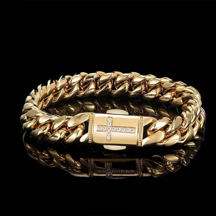 18K Gold Cuban Link Bracelet With Diamond Cross for wholesale by GB Jewelry