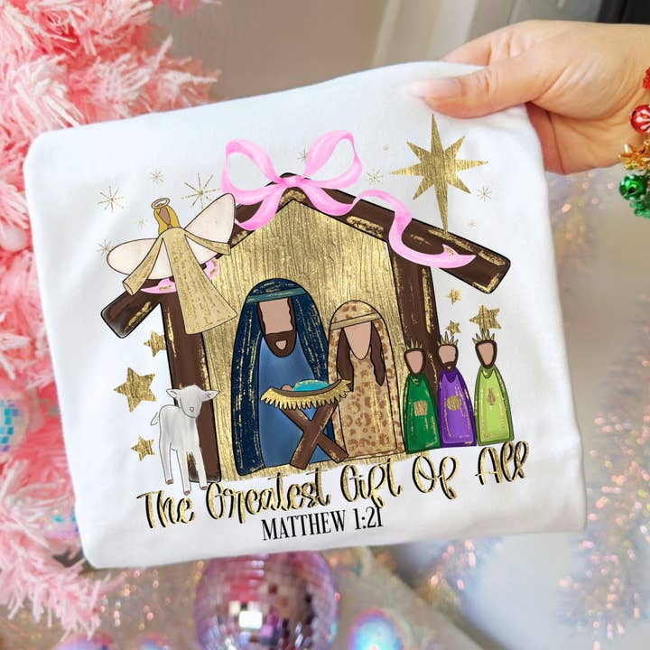 Posh Magnolia Boutique – wholesale T-shirt (graphic) – women's – The Greatest Gift Of All Matthew 1:21 Religious Christmas