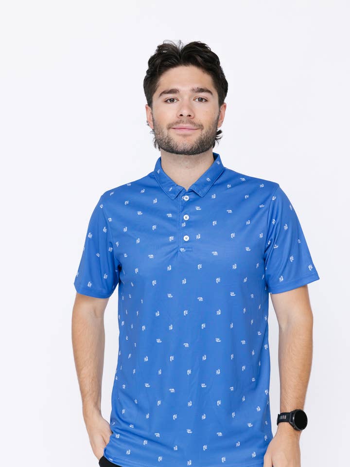 Men's Polo Shirt - Bear Ditsy Marine Grey/White for wholesale by Nominou Designs