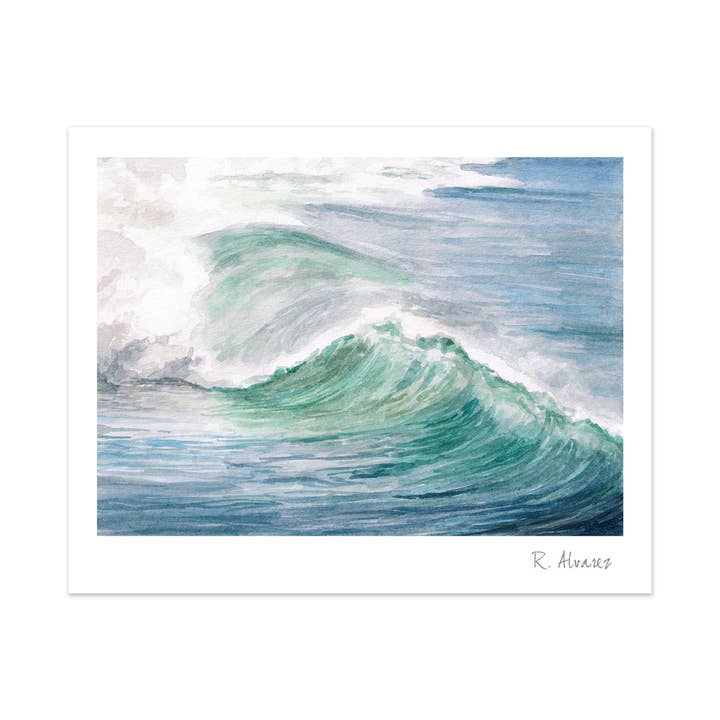 Blue Coastal Ocean Wave Watercolor Print for wholesale by Rachel Alvarez Art