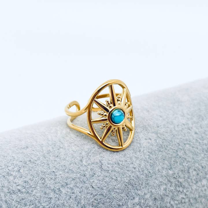Mio Queena - Wholesale Cocktail/Statement Ring - Turquoise 18K Gold Plated Stainless Steel Rings -FGS/CS