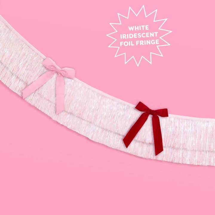 xo, Fetti - Wholesale Banner - Bow Bliss Banner - layered fringe + velvet bows, pink, 6 ft