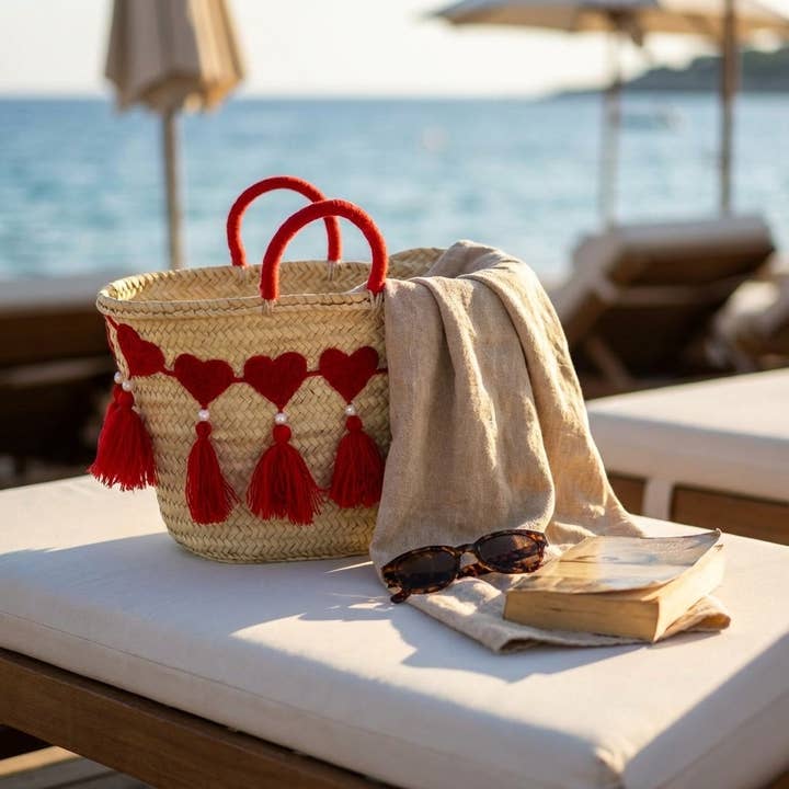 Melecraft – Cesta por atacado – Saco de Palha em Forma de Coração - Cesto Boho de Praia com Pompom Vermelho3