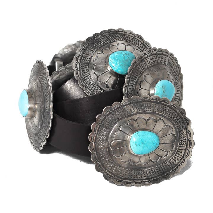 WJA-034-1-BLK  OVAL CONCHO BELT W/ TURQ - Black for wholesale by J.Alexander Rustic Silver