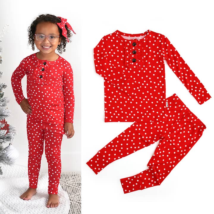 Gigi and Max - Wholesale Sleepwear Set - Kids - Ruby Dot Ruffle Two Piece Christmas Pajamas Holiday Matching2