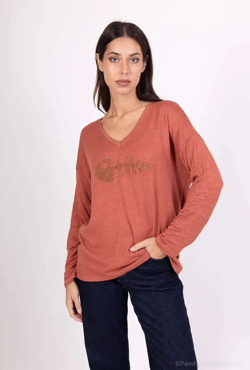 Mimi & Gogo - Wholesale Knit Sweater - Women's - Fine mesh embroidered big fish sweater lux @906443_PulGPoi6