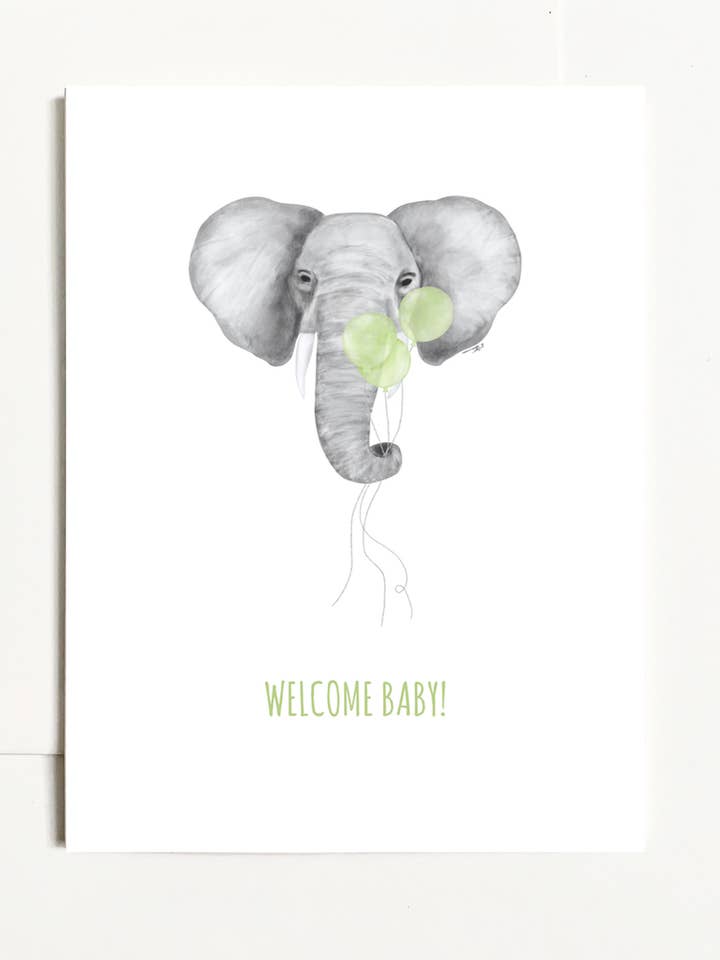 Welcome Baby! Elephant With Green Balloons for wholesale by k.Patricia Designs