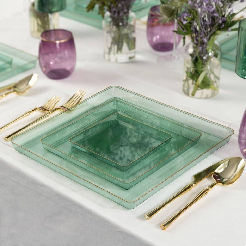 EcoQuality - Wholesale Disposable Plate - 7.75" & 10.75" Square Green China Like Plastic Plates with Gold Rim1