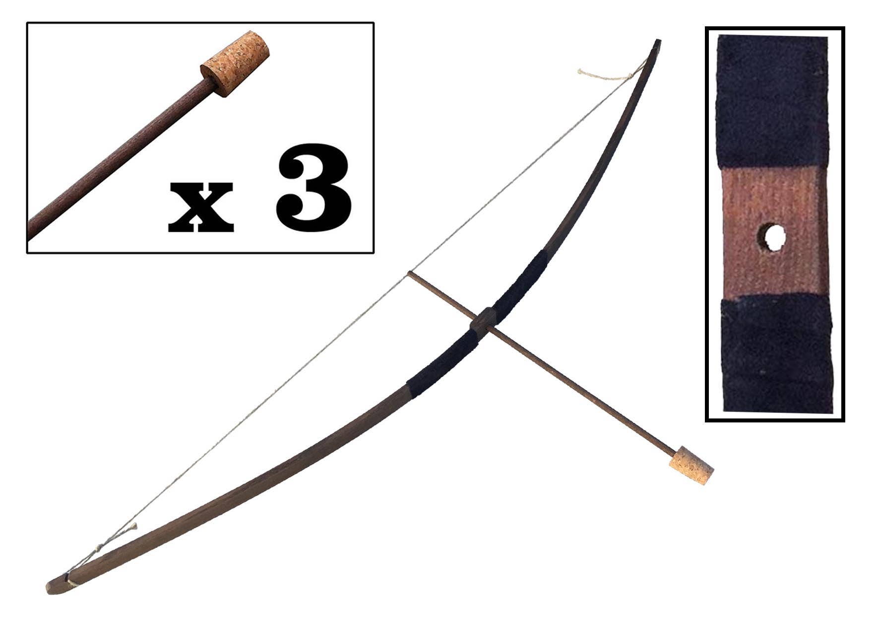 KALID MEDIEVAL – Großhandel Holzspielzeug – Kinder – Rustikaler Holzbogen mit Wildledergriff S und 3 Holzpfeilen mit Korkspitze - ST454F14