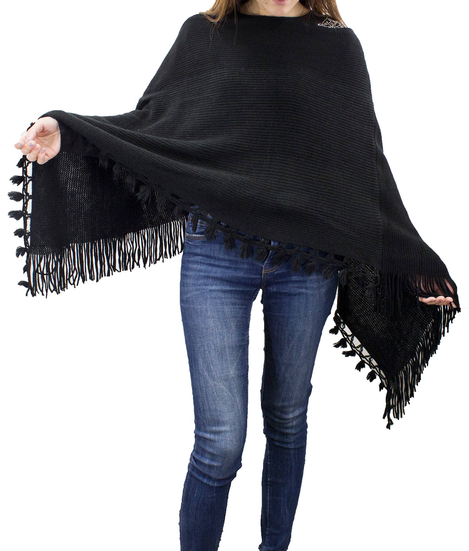 Fennco Styles - Venta al por mayor Poncho - Mujer - Suéter Poncho de Bloques de Color con Flecos6