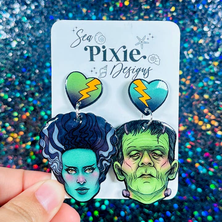 Frankenstein & Braut Halloween baumelnde Ohrringe Gruselig & Süß für den Großhandel von Sea Pixie Designs