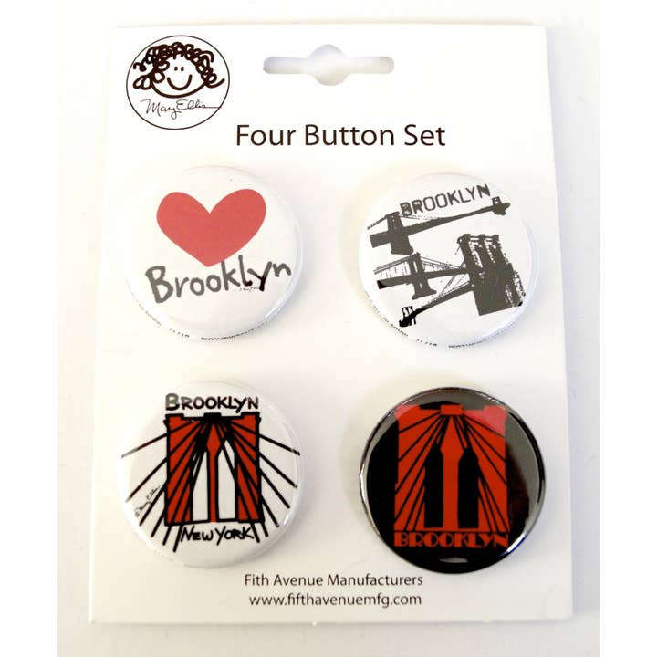 Mary Ellis - Wholesale Lapel Pin/Button - Brooklyn New York 4 Button Set | Four Brooklyn Souvenir Pins
