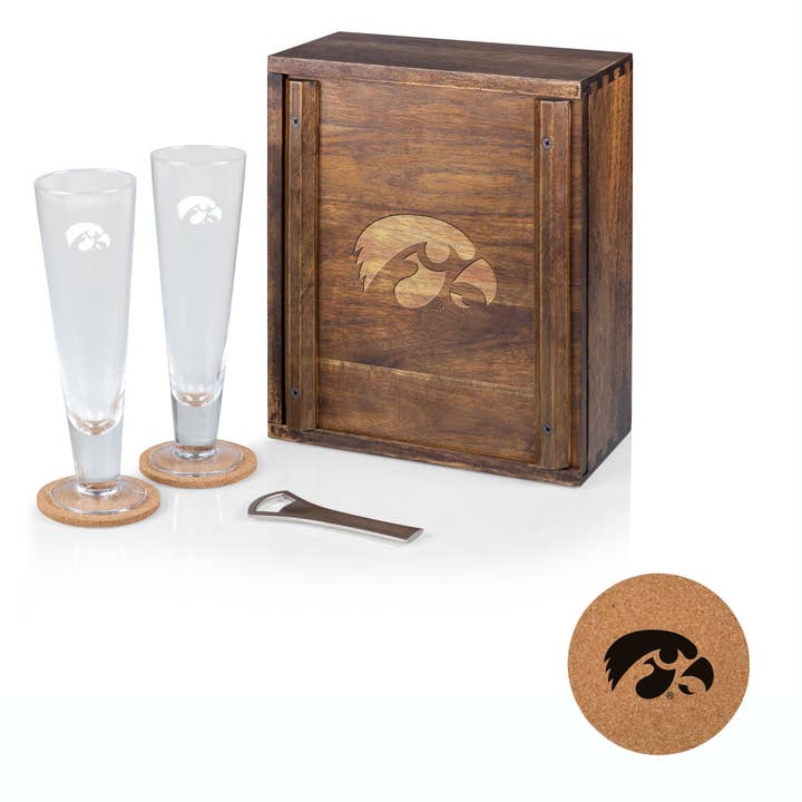 Acacia Wood Iowa Hawkeyes Pilsner Beer Glass Gift Set for wholesale on Faire