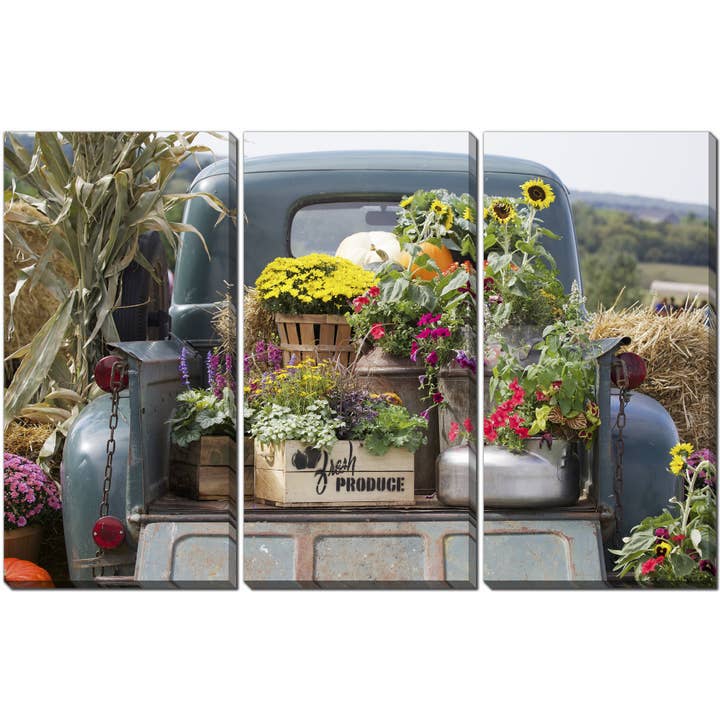 Vintage Truck with Flowers 30x45 Triptych Canvas Wall Art for wholesale by Streamline Art