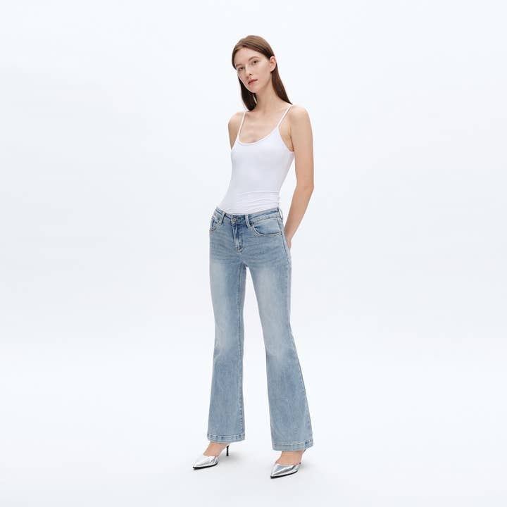 BEACHY LOW RISE FLARE JEANS WITH FINISHED HEM BYF1023 for wholesale on Faire