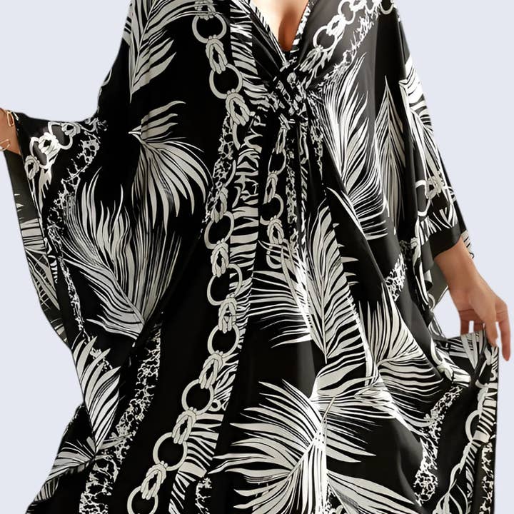Miss Lavish London - Wholesale Kaftan - Women's - Kaftan Summer Dresses, Braided V-Neck - Black Palm, S-3XL3