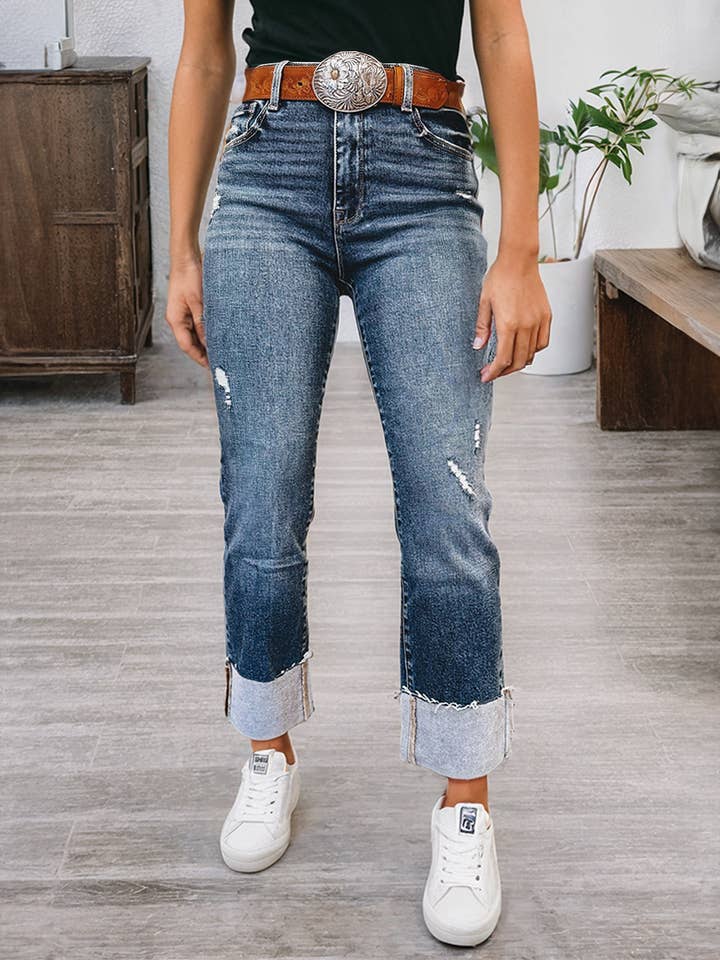 Sail Blue Turn-up Cuffs Distressed Jeans for wholesale on Faire