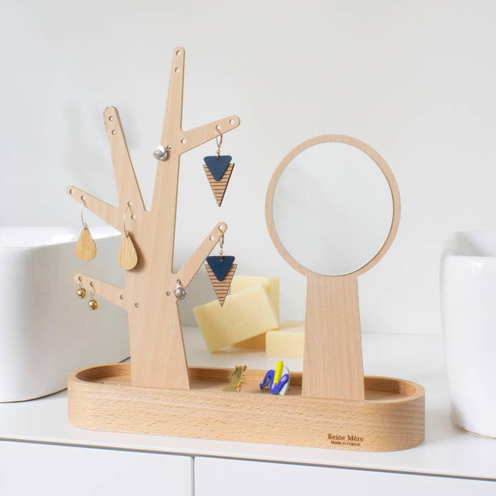 Eden - Jewelry tree and hand mirror in beech for wholesale by Reine Mère