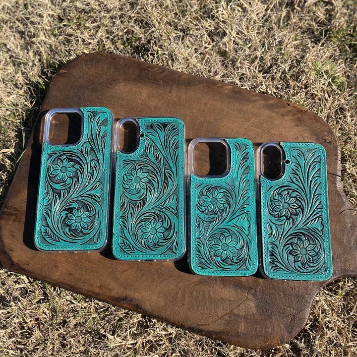 Western Linens - Wholesale Phone Case - Women's - Phone Case Turquoise Tooled Leather Floral Â