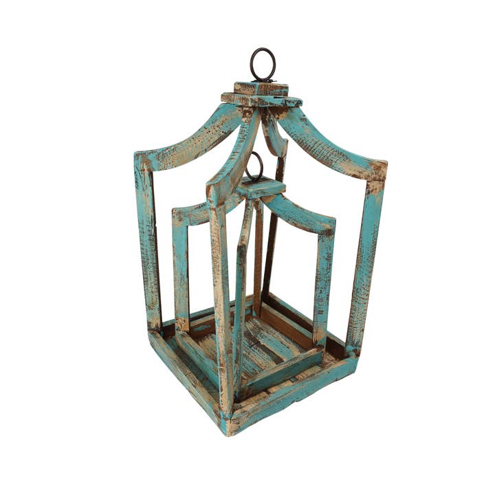 Canopy Farmhouse Wood Lantern-Set 2- Turquoise for wholesale by My Amigos Imports