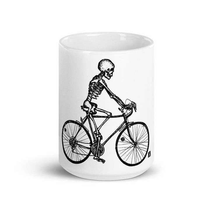 Koffiemok met pen en inkttekening van Skeleton Biking voor wholesale door Bellavance Ink