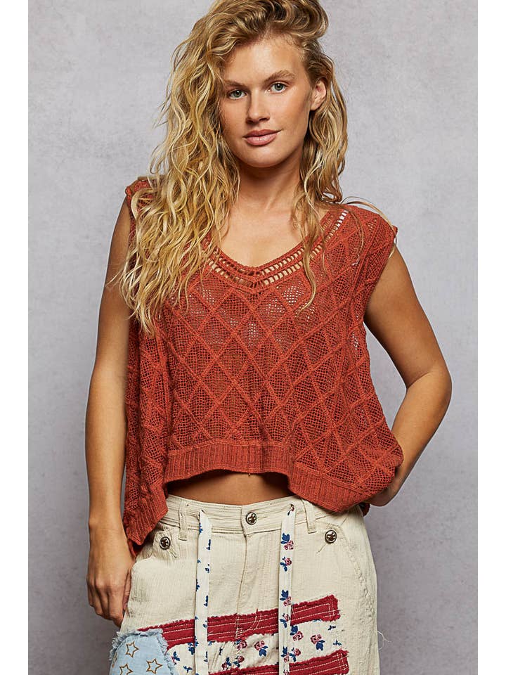 Pol Clothing - Wholesale Knit Top - Women's - V-neck Diamond Weave Crochet Sleeveless Knit Top 10