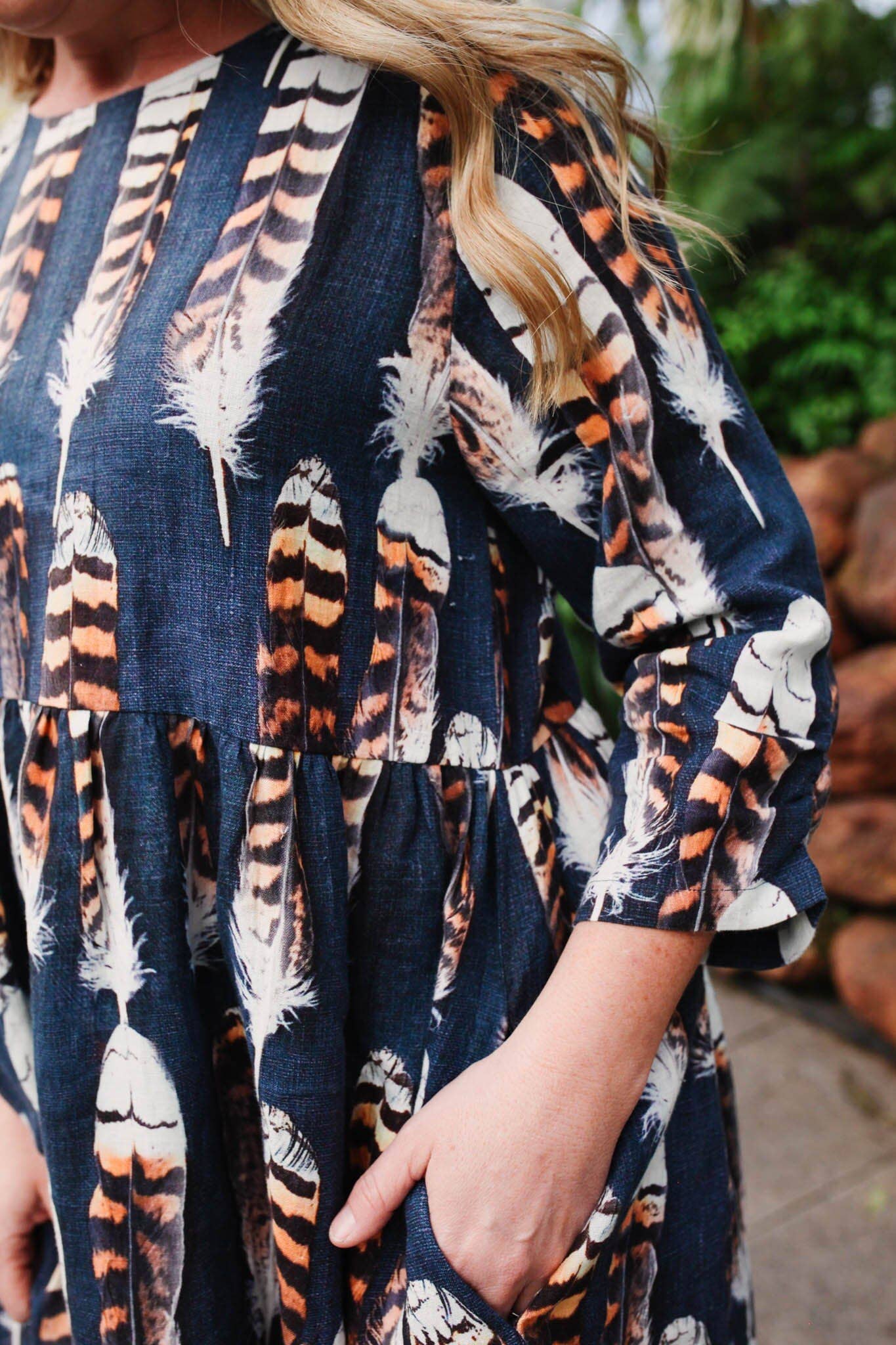 The Spotted Quoll Studio - Wholesale Dress – Women's - Organic Linen Peasant Dress - Kookaburra Feather4