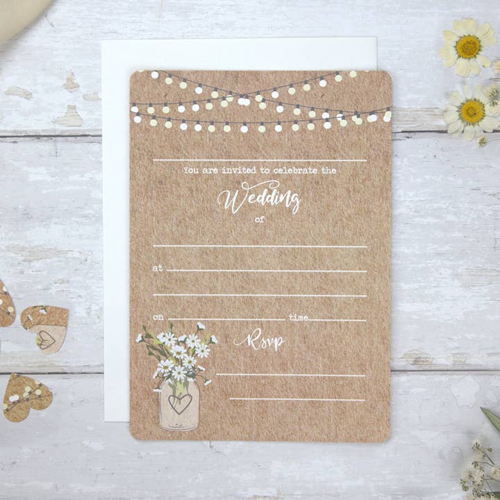 Rustic Mason Jar Flowers - Wedding Invitation - Pack of 10 for wholesale by Dotty About Paper