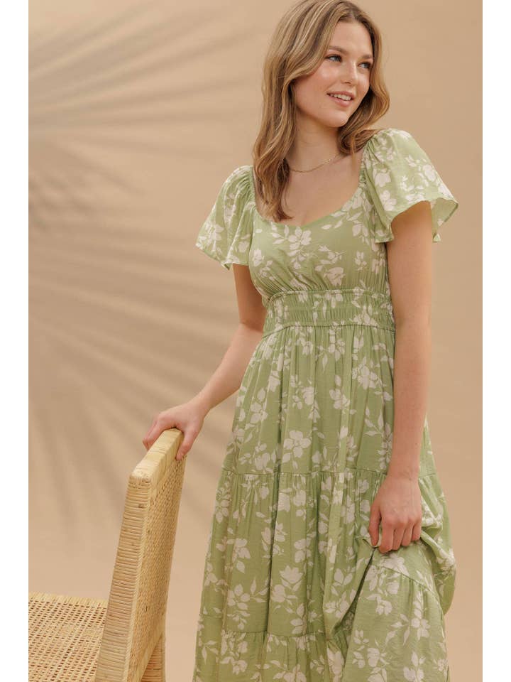 MINE - Wholesale Dress - Women's - FLORAL SCOOP NECK FLOUNCE SLEEVE TIERED MIDI DRESS
