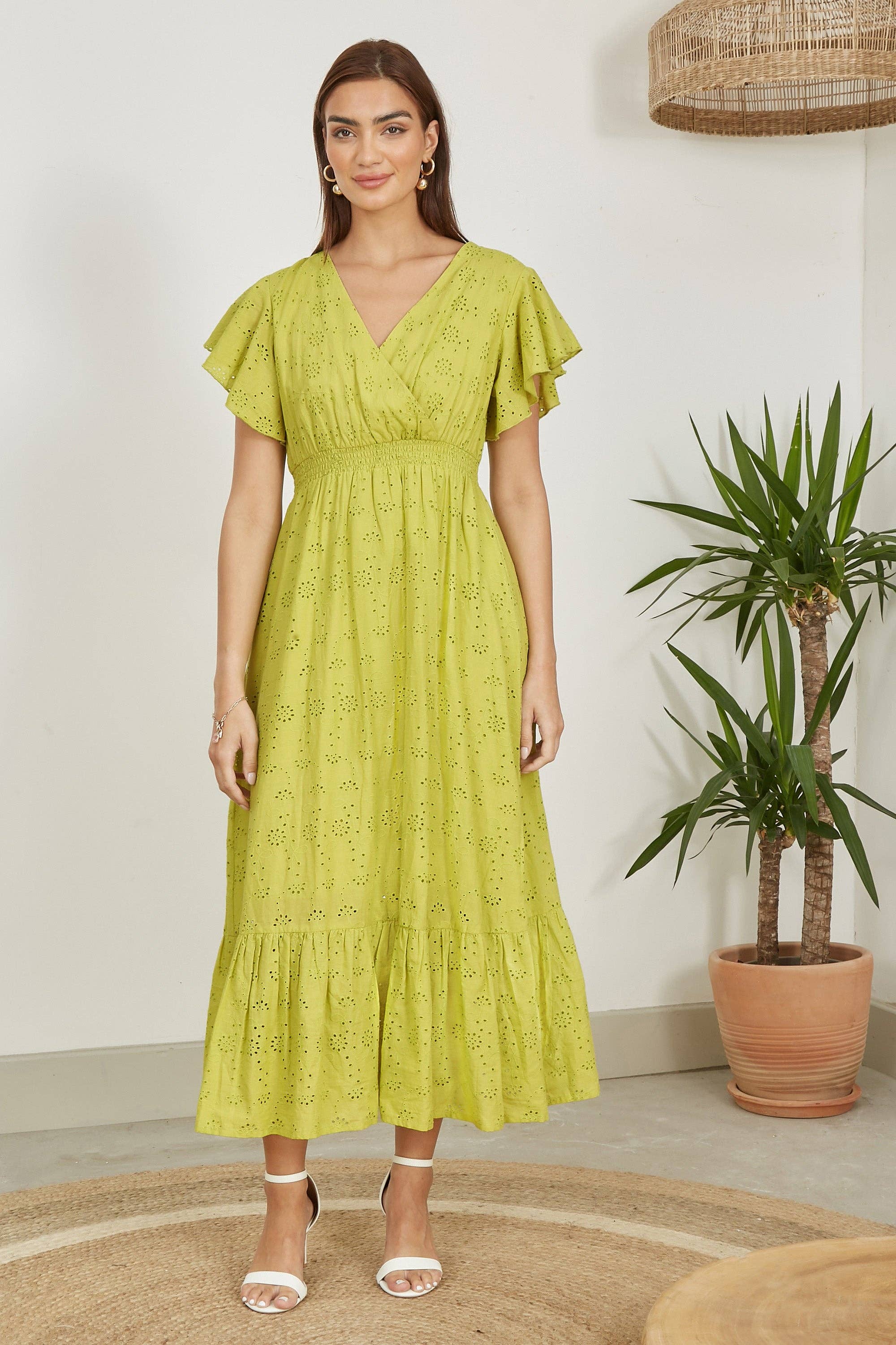 Yumi Lime Cotton Broderie Anglaise Wrap Midi Dress for wholesale on Faire4