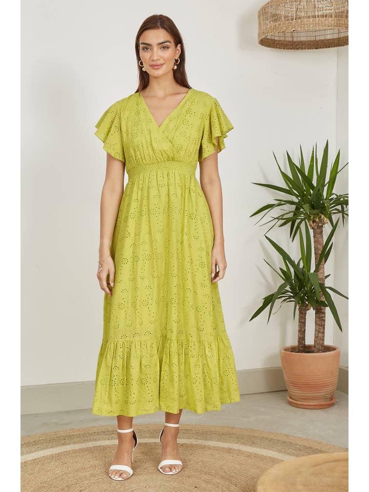 Yumi Lime Cotton Broderie Anglaise Wrap Midi Dress for wholesale on Faire4