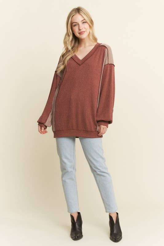 HEIMISH - Wholesale Knit Top - Women's - ET7741-10 LONG SLEEVE SOLID URBAN RIB COLOR BLOCK KNIT TOP4