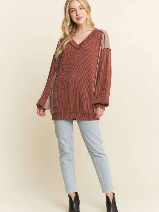 HEIMISH - Wholesale Knit Top - Women's - ET7741-10 LONG SLEEVE SOLID URBAN RIB COLOR BLOCK KNIT TOP4