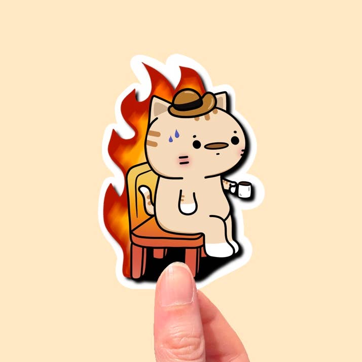 Small Noggin Studios - Wholesale Sticker - Cat On Fire "its fine" Meme Funny Vinyl Sticker