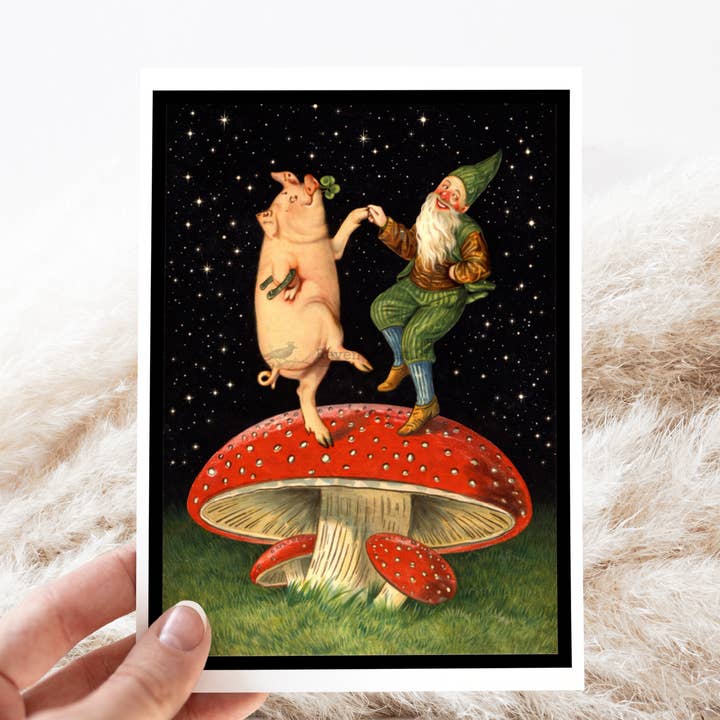 Cartão de Saudação. Dança Noturna de Cogumelo de Gnomo e Porco. Só Porque. por atacado de Cheerful Whimsies