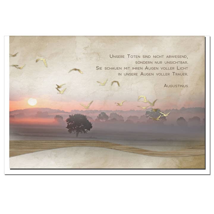 metALUm kondolencekort B6 – Solopgang & fugle – Vore døde er ikke fraværende – med trædekoration for engroshandel hos metALUm
